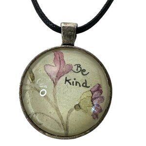 Handmade Be Kind Inspirational Pendant Necklace Glass Cabochon Cottage Flower